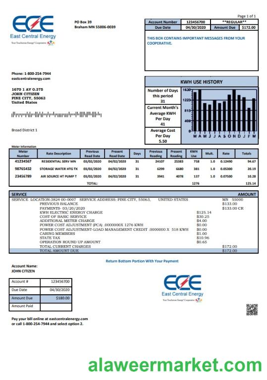 USA Minnesota East Central Energy utility bill template in Word and PDF (.doc and .pdf) format
